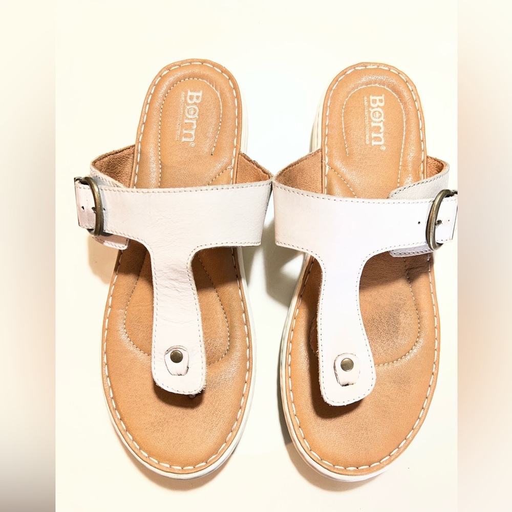 Born leather sandals  cream color t-strap  thong style slide adjustable straps.